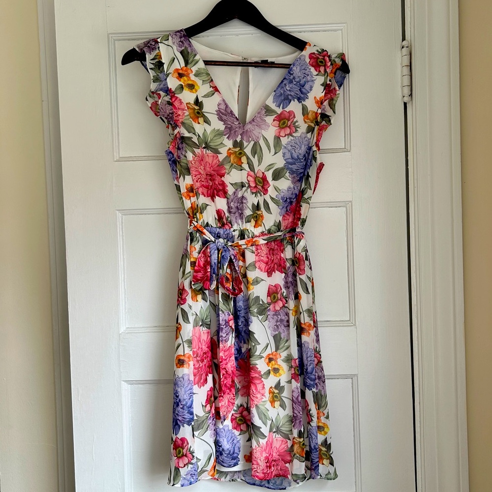 Floral ruffle sleeve tie waist dress